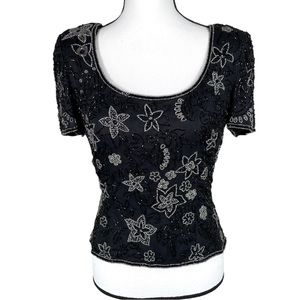 Papell Boutique Black Sequin Padded Shoulder Top